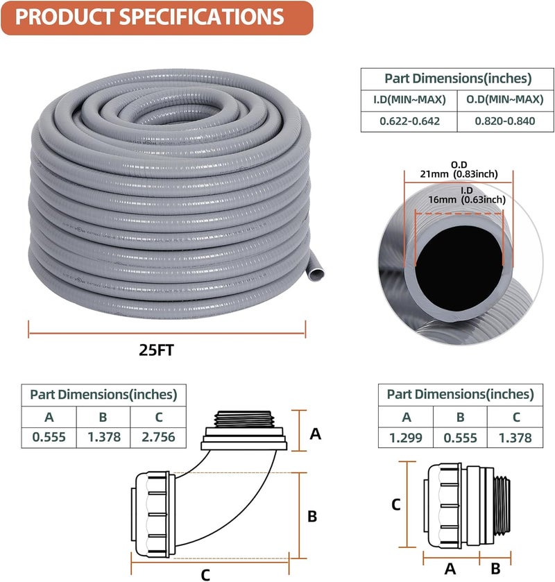 Neorexon Liquid-Tight Conduit and Connector Kit 1/2inch 25ft, Flexible Non Metallic Liquid Tight Electrical Conduit w/UL Certification, Electrical Conduit Kit with 5 Straight, 5 Angle Fittings - Image 2